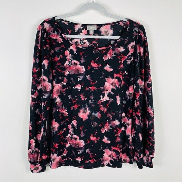 J. Jill Size Medium Watercolor Floral Stretchy Long Sleeve Blouse Top Black Pink - Picture 1 of 5